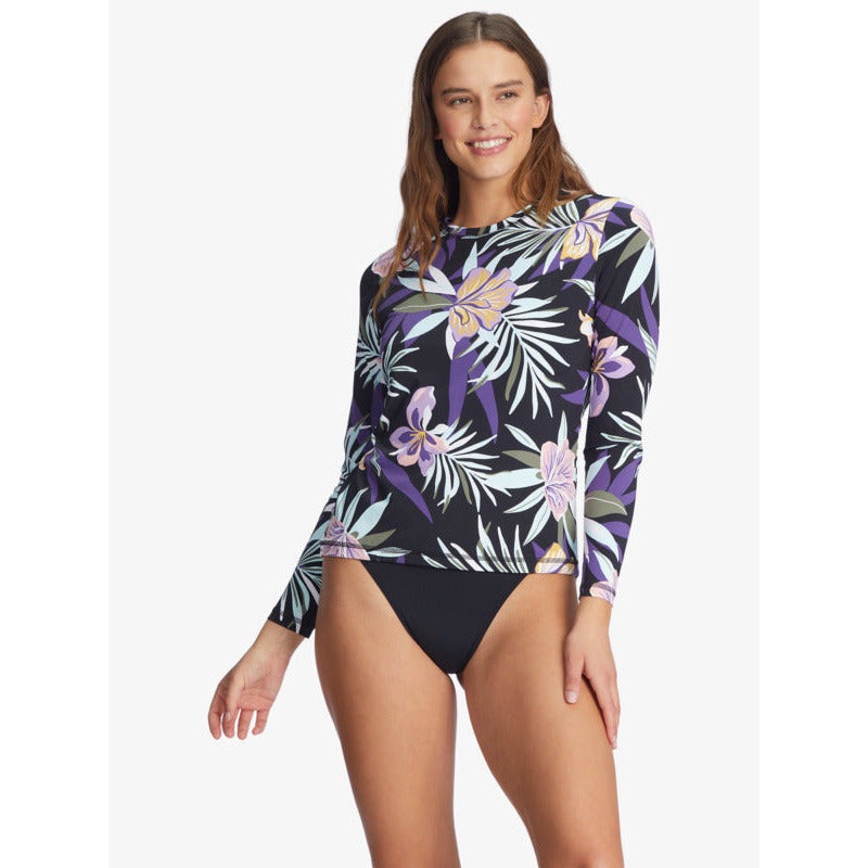 Roxy Active Sea Skippin Long Sleeve UPF 50 Rashguard- True Black Fasso (kvj4)